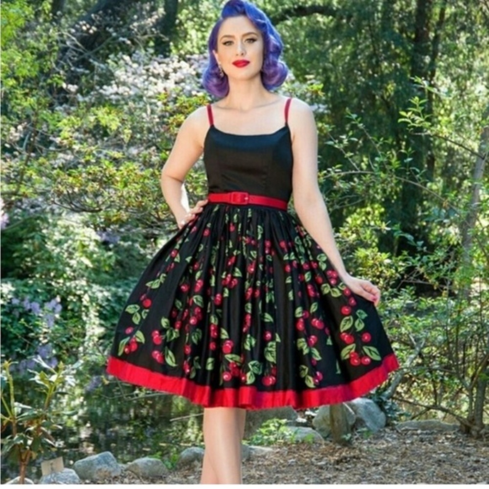 Pinup Couture Black Cherry Print Midi Skirt with Red Trim
